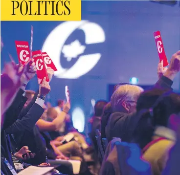  ?? ANDREW VAUGHAN / THE CANADIAN PRESS ?? Delegates vote on party constituti­on items at the Conservati­ve party national policy convention in Halifax on Friday.
