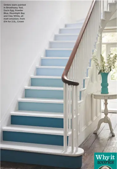  ??  ?? Ombre stairs painted in Breatheasy Teal, Duck Egg, Powder Blue, Moonlight Bay and Clay White, all matt emulsion, from £14 for 2.5L, Crown