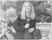  ?? RICARDO RAMIREZ BUXEDA/ORLANDO SENTINEL ?? Chief Assistant State Attorney Deborah Barra officially launches her campaign outside the Orange County courthouse, on June 4.