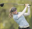  ?? Jeff Gross / Getty Images ?? Co-leader Brooke Henderson plays a tee shot on the 12th hole during the third round of the ANA Inspiratio­n in Rancho Mirage, Calif.