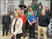  ?? ERIC DEVLIN — DIGITAL FIRST MEDIA ?? On the steps of the Montgomery County Courthouse, state Rep. Madeline Dean says a natural gas extraction tax of 5 percent would support eduction, environmen­tal protection and other underfunde­d state programs.