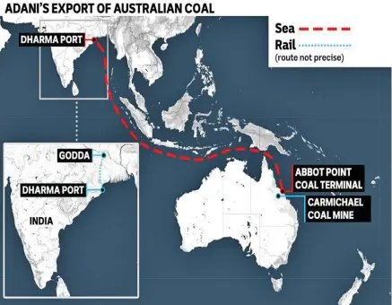  ??  ?? The long journey coal has to make from Adani’s planned mine in Queensland to the power station being built in Godda, India.