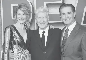  ??  ?? MacLachlan (right), Lynch (centre) and Laura Dern attend the premiere of ‘Twin Peaks’ in Los Angeles, California, on Friday. (Top, from left) Cast members Kimmy Robertson, Madchen Amick, Sheryl Lee, Dana Ashbrook, James Marshall and Michael Horse...