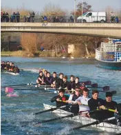  ??  ?? Left: competitor­s and spectators enjoying the final day of the Cambridge Town Bumps. Above: Oxford students taking part in the annual Torpids bump races on the Thames. Below: the Oxford men’s crew celebrate winning the 2017 Boat Race