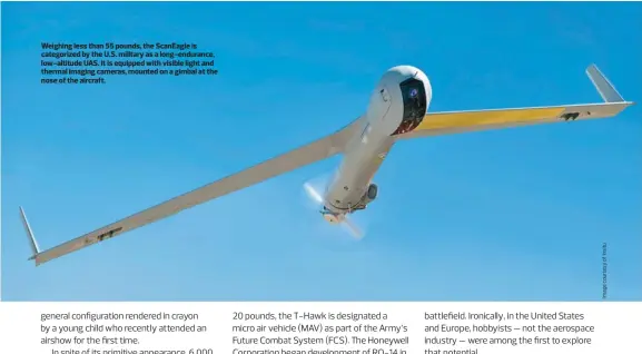  ??  ?? Weighing less than 55 pounds, the ScanEagle is categorize­d by the U.S. military as a long-endurance, low-altitude UAS. It is equipped with visible light and thermal imaging cameras, mounted on a gimbal at the nose of the aircraft.