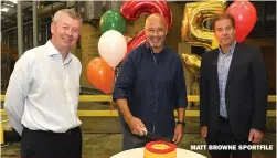  ?? MATT BROWNE SPORTFILE ?? DHL Express has been Official Logistics Partner with the FAI for 25 years. Pictured with Bernard McCarthy (left), Managing Director of DHL Express, are Paul McGrath (centre) and Mark Russell from the FAI