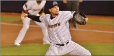  ?? KYLE FRANKO — TRENTONIAN PHOTO ?? Yankees pitcher Dellin Betances, on a rehab assignment with the Thunder, throws during the fourth inning of Game 1 of the ELCS against Bowie on Tuesday.