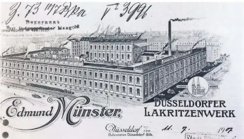  ??  ?? Eine Postkarte aus den Anfangsjah­ren des Lakritzenw­erks zeigt das Ausmaß der Fabrik an der Hildebrand­tstraße.