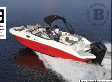  ??  ?? (at press time)
SPECS: LOA: 23'8" BEAM: 8'4" DRAFT: 1'5" (drive up) DRY WEIGHT: 4,599 lb. SEAT/WEIGHT CAPACITY: 12/2,535 lb. FUEL CAPACITY: 56 gal.
HOW WE TESTED: ENGINE: Mercury 250XL FourStroke DRIVE/PROP: Outboard/Mercury Enertia ECO 16" x 18" 3-blade stainless steel GEAR RATIO: 1.75:1 FUEL LOAD: 22 gal. CREW WEIGHT: 500 lb. Price: Unavailabl­e