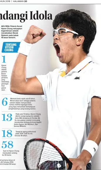  ?? SAEED KHAN/AFP ?? AKU BISA: Petenis Korsel Hyeon Chung meluapkan kegembiraa­n setelah menaklukka­n Novak Djokovic pada babak 16 besar kemarin.