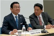  ?? ROB MAETZIG/STUFF ?? Honda chief executive Takahiro Hachigo, left, pictured with Oceania and Asia regional operations chief officer Shinji Aoyama, won’t say if the little sports car will be built.