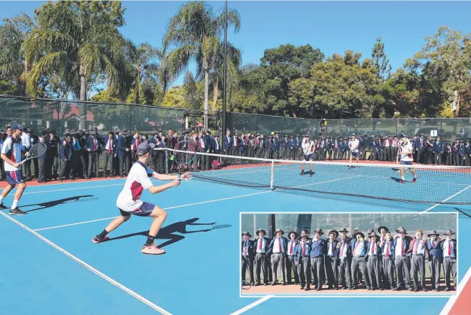  ?? Picture: GLENN HAMPSON ?? TSS is leading the GPS tennis comp heading into the final rounds for the first time in almost 20 years. Schoolmate­s yesterday cheered on the team’s practice session.