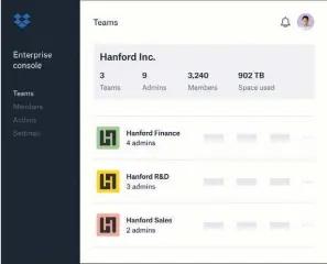  ??  ?? Avec des outils d'administra­tion permettant de gérer toutes les instances d'une même organisati­on, Dropbox veut coller aux besoins des entreprise­s.