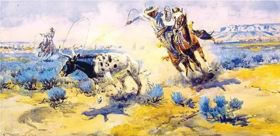  ??  ?? Charles Marion Russell (Saint Louis, Stati Uniti, 1864 - Great Falls, Stati, Uniti, 1926), Cowboys da The Quarter circle box (1925, olio su tela), Woolaroc Museum, Bartlesvil­le, Stati Uniti: Russell è stato con Frederic Remington (1861-1909), uno dei...