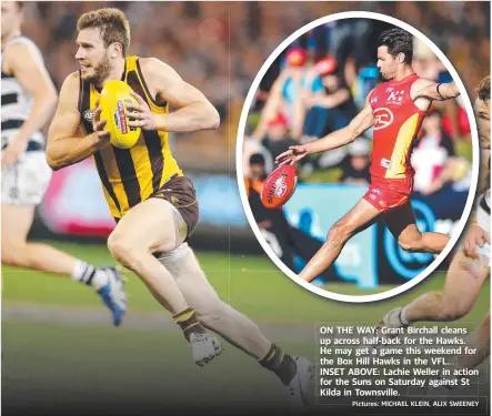  ?? Pictures: MICHAEL KLEIN, ALIX SWEENEY ?? ON THE WAY: Grant Birchall cleans up across half-back for the Hawks. He may get a game this weekend for the Box Hill Hawks in the VFL. INSET ABOVE: Lachie Weller in action for the Suns on Saturday against St Kilda in Townsville.