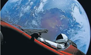  ?? Picture: SpaceX/Flickr ?? SpaceX CEO Elon Musk’s own car, a red Tesla Roadster cabriolet, was blasted into orbit by the Falcon Heavy rocket, with a dummy wearing a spacesuit at the steering wheel.