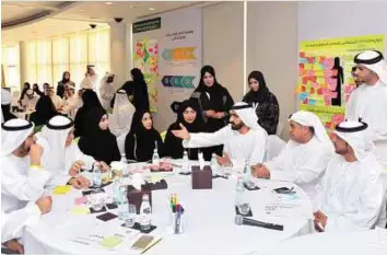  ?? WAM ?? His Highness Shaikh Mohammad Bin Rashid Al Maktoum, Vice-President and Prime Minister of the UAE and Ruler of Dubai, chairs a brainstorm­ing session yesterday. The session, attended by 100 directors-general and senior officials, discussed ideas for the...