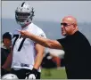  ?? RAY CHAVEZ — BAY AREA NEWS GROUP, FILE ?? Raiders first-round pick Kolton Miller (77) listens to coach Tom Cable during the team’s rookie minicamp in Alameda on April 24, 2018.