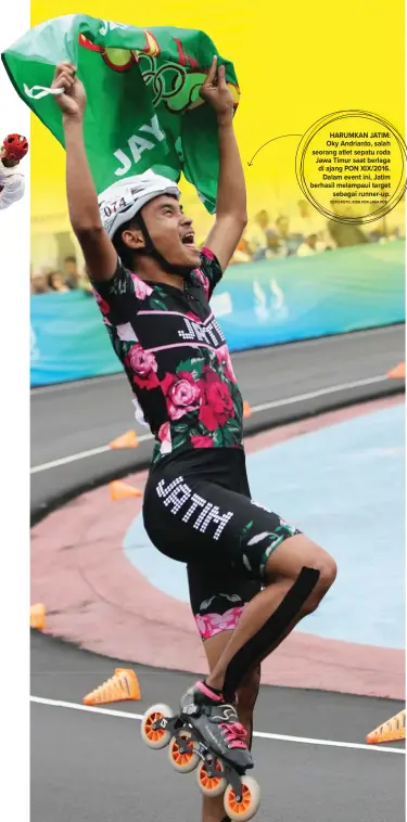  ?? FOTO-FOTO: KONI FOR JAWA POS ?? HARUMKAN JATIM: Oky Andrianto, salah seorang atlet sepatu roda Jawa Timur saat berlaga di ajang PON XIX/2016. Dalam event ini, Jatim berhasil melampaui target sebagai runner-up.