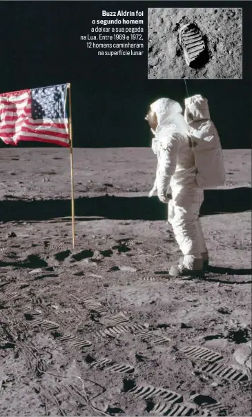  ??  ?? Buzz Aldrin foi o segundo homem a deixar a sua pegada na Lua. Entre 1969 e 1972, 12 homens caminharam na superfície lunar