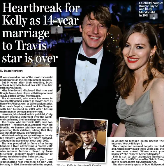  ??  ?? TV star: Kelly in Boardwalk Empire Celebrity couple: Dougie Payne and Kelly Macdonald in 2011