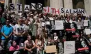  ?? Photograph: Timothy A Clary/AFP/ Getty Images ?? Writers gather to read selected works of Salman Rushdie in August 2022 outside the New York Public Library in New York.