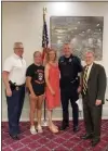  ?? SUBMITTED PHOTO ?? Media Police Officer Eric Gavin was promoted to sergeant on July 16. Media Mayor Bob McMahon swore in Gavin. In attendance at the ceremony are, left to right, Media Police Chief Marty Wusinich, Gavin’s daughter Bridgett, wife
Deb, Gavin, and McMahon. A formal ceremony will take place at the August Borough Council meeting.