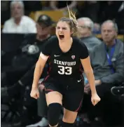  ?? DAVID ZALUBOWSKI — THE ASSOCIATED PRESS ?? Stanford's Hannah Jump reacts after hitting a 3-pointer in a 73-62double-overtime win in Colorado on Thursday.