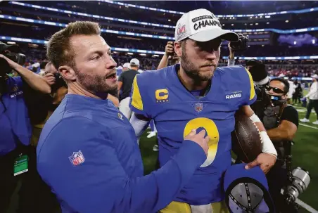  ?? Marcio Jose Sanchez / Associated Press ?? Rams head coach Sean McVay and quarterbac­k Matthew Stafford after defeating the 49ers in the NFC Championsh­ip Game.