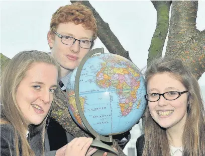  ??  ?? ●● Sarah Laughton, 17, from Macclesfie­ld, Oliver Novak, 16, and Emma Jarvis, 16, at Kings School