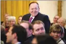  ?? ANDREW HARNIK / AP FILE (2018) ?? Las Vegas Sands Corporatio­n CEO and Republican mega donor Sheldon Adelson, who died Monday at age 87, stands as he is recognized by President Donald Trump during a Medal of Freedom ceremony in 2018 in the East Room of the White House. Adelson’s death was related to his battle against non-hodgkins lymphoma, according to his company.