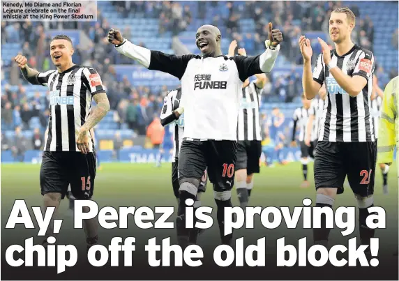  ??  ?? Kenedy, Mo Diame and Florian Lejeune celebrate on the final whistle at the King Power Stadium