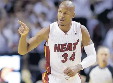  ?? LYNNE SLADKY/AP ?? Heat culture existed before veteran outside shooter Ray Allen joined the team, but he ramped it up to a new level. That, and shot in Game 6 against the San Antonio Spurs, will be what he is remembered for by the Heat. his iconic