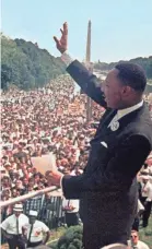  ?? AP ?? Martin Luther King Jr. waves to the crowd on Aug. 28, 1963, at the Lincoln Memorial during the March on Washington for jobs and equality.