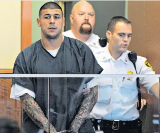  ??  ?? Guilty: Aaron Hernandez in court and (below) in action