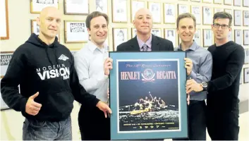  ?? BERND FRANKE/POSTMEDIA NEWS ?? Chris Bonfoco, from left, Jamie Jocsak, Tom Blacquiere, Jeff Jocsak and Craig Green were in a men’s 140-lb. eight that won a gold medal for South Niagara Rowing Club at the Royal Canadian Henley in 1996. Absent from photo are Robb Blacquire, Sarah...