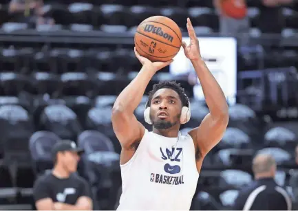  ?? ROB GRAY/USA TODAY SPORTS ?? Jazz guard Donovan Mitchell warms up before a first-round playoff game against the Dallas Mavericks on April 28 in Salt Lake City. Mitchell could be on the trading block this offseason for the right price.