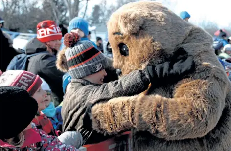  ?? LAURA BARTON/ WELLAND TRIBUNE ?? Pelham's Fenwick Flossie pauses to hug children from Fenwick schools after emerging from the den at Centennial Park and seeing her shadow on Friday. The annual groundhog day event is hosted by the Fenwick Lions.