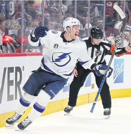  ?? ?? HERO AGAIN: The Lightning’s Ondrej Palat celebrates a goal during the third period against the Avalanche at Ball Arena in Denver, Colorado.