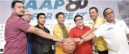  ??  ?? UAAP SEASON 80 MEN’S BASKETBALL COACHES: (L to R) UP’s Bo Perasol, Ateneo deputy Sandy Arespacoch­aga, La Salle’s Aldin Ayo, FEU’s Olsen Racela, UE’s Derrick Pumaren, UST’s Boy Sablan and NU’s Jamike Jarin. Not in photo is Adamson’s Franz Pumaren.