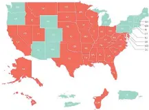  ??  ?? Gov. Ned Lamont’s executive order requires anyone traveling into Connecticu­t from a state or territory (marked in red) with a positive test rate higher than 10 per 100,000 residents, or higher than a 10% test positivity rate over a seven-day rolling average, to self-quarantine for 14 days from the time of last contact within the identified state.