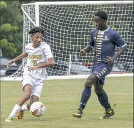  ??  ?? Freshman defender Brandon James, a Westlake High School graduate from Waldorf, and the College of Southern Maryland men’s soccer team finished with a 1-10 record this fall.