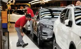  ?? Photograph: Christophe­r Thomond/The Guardian ?? Workers at the Nissan car factory in Sunderland. The firm has said a no-deal Brexit would jeopardise its European operation.