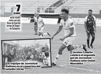  ?? ?? El equipo de Juventud Italiana en el camerino del estadio Jocay.
Jordan Cedeño celebra el segundo gol de Juventud Italiana ante Unión Manabita.