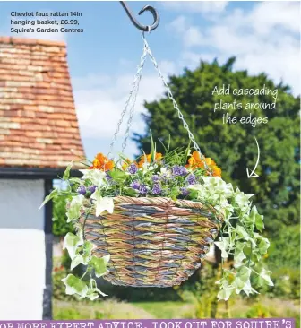  ??  ?? Cheviot faux rattan 14in hanging basket, £6.99, Squire’s Garden Centres