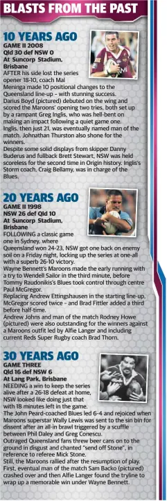  ??  ?? GAME II 2008 Qld 30 def NSW0 At Suncorp Stadium, Brisbane GAME II 1998 NSW 26 def Qld 10 At Suncorp Stadium, Brisbane GAME THREE Qld 16 def NSW6 At Lang Park, Brisbane