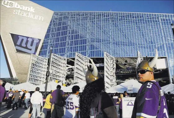  ?? ANDY CLAYTON-KING/THE ASSOCIATED PRESS ?? U.S. Bank Stadium, the home of the Minnesota Vikings, opened this year. The $1.1 billion Minneapoli­s facility was funded by a model that is similar to the one being used for the proposed Las Vegas stadium, which could become the home of the Oakland...