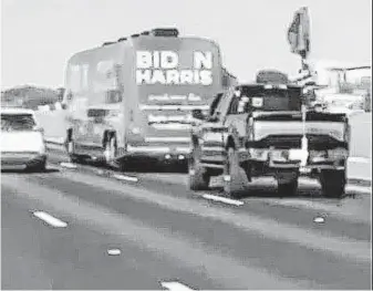  ?? Twitter ?? An amended lawsuit filed Friday accuses authoritie­s in San Marcos of refusing to escort a Joe Biden campaign bus that became surrounded by supporters of then-President Donald Trump a year ago.