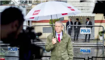  ??  ?? CNN Senior Internatio­nal Correspond­ent Nic Robertson stands in front of Consulate of Saudi Arabia in Istanbul, Turkey. — AFP photo