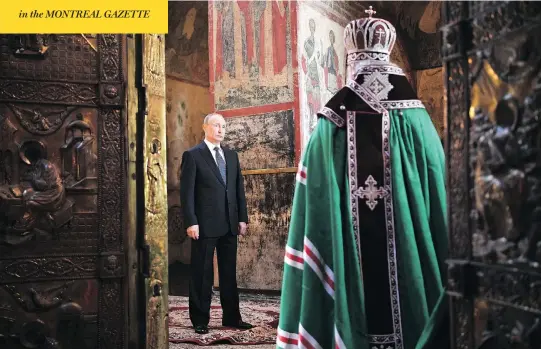  ?? ALEXEI NIKOLSKY / SPUTNIK / KREMLIN POOL PHOTO VIA AP ?? Russian President Vladimir Putin attends a service held by Russian Orthodox Patriarch Krill, right, after his inaugurati­on ceremony in the Kremlin Monday.